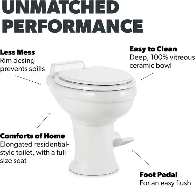Standard Height RV Toilet – White 320 Series Gravity Flush Toilet with Slow-Close Seat and Compact Design