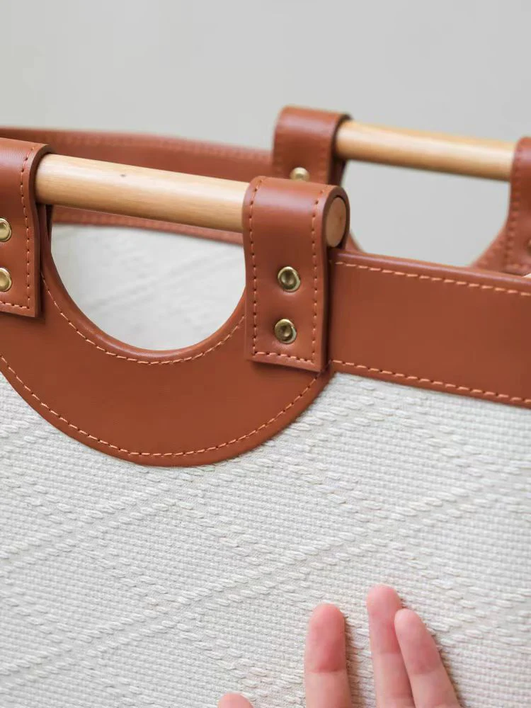 DC139 - Loro Piana antique white pearl embossed leather solid wood handle multi-purpose storage basket dirty clothes