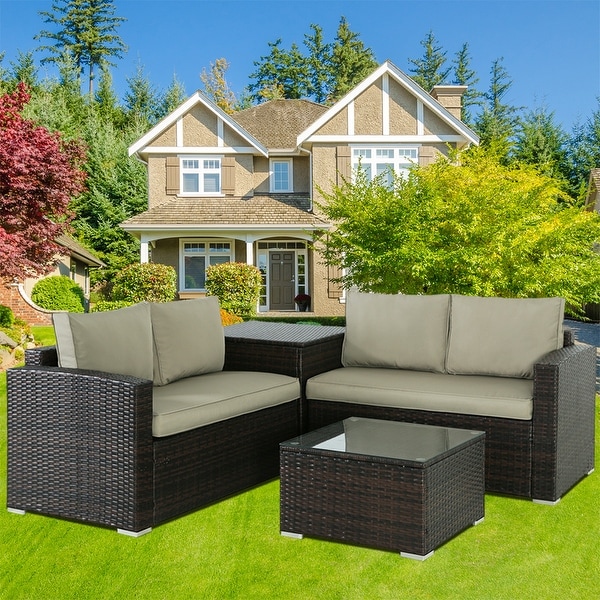 4Piece Wicker Outdoor Sectional Set with Cushions