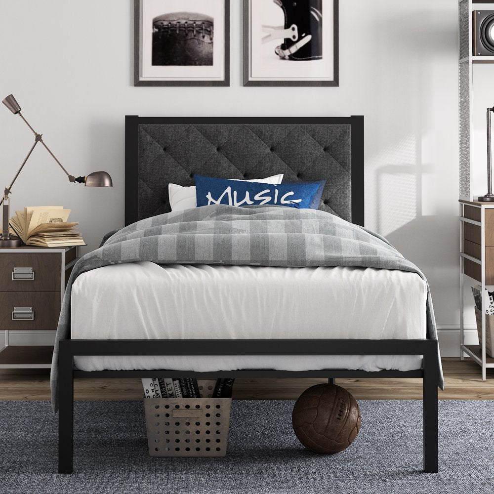 Amolife Twin Size Metal Bed Frame with Upholstered Headboard