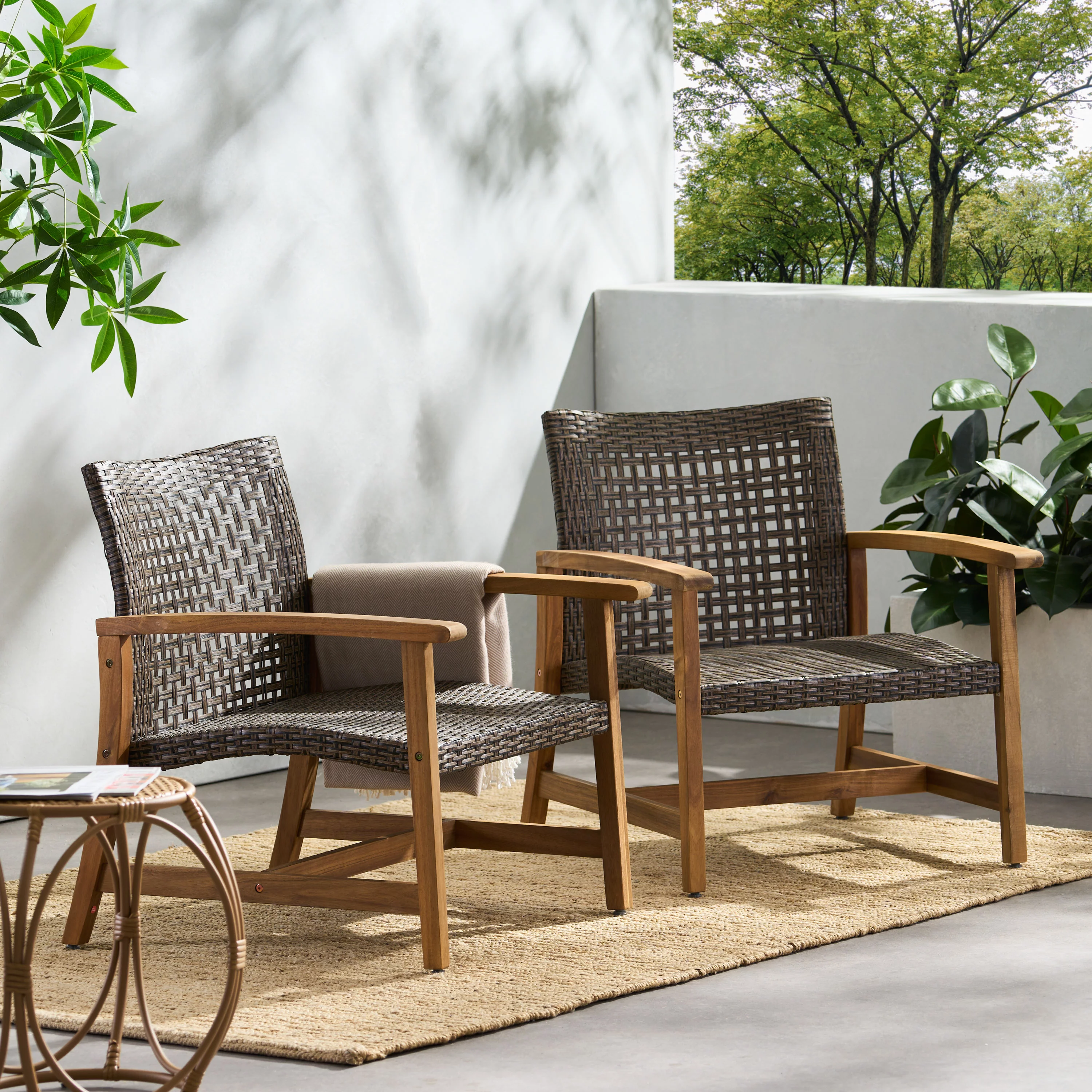 GDF Studio Savannah Outdoor Wood and Wicker Club Chairs, Set of 2, Teak and Mixed Mocha