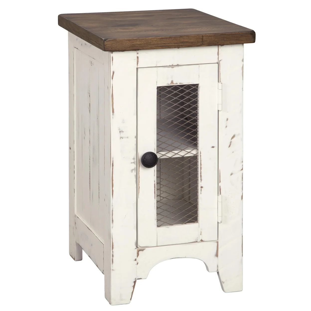 Two Tone Chair Side End Table with Wire Metal Grill CabinetBrown and White- Saltoro Sherpi
