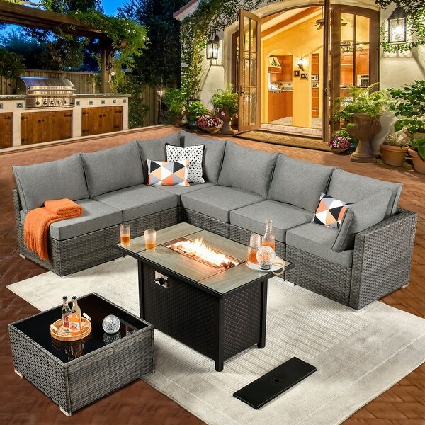 HOOOWOOO 8piece Patio Furniture Set Wicker Sectional Sofa with Fire Pit Table