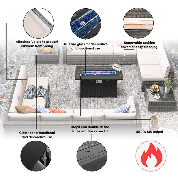 15 Piece Wicker Set Patio Sofa Furniture with Fire Pit And Table