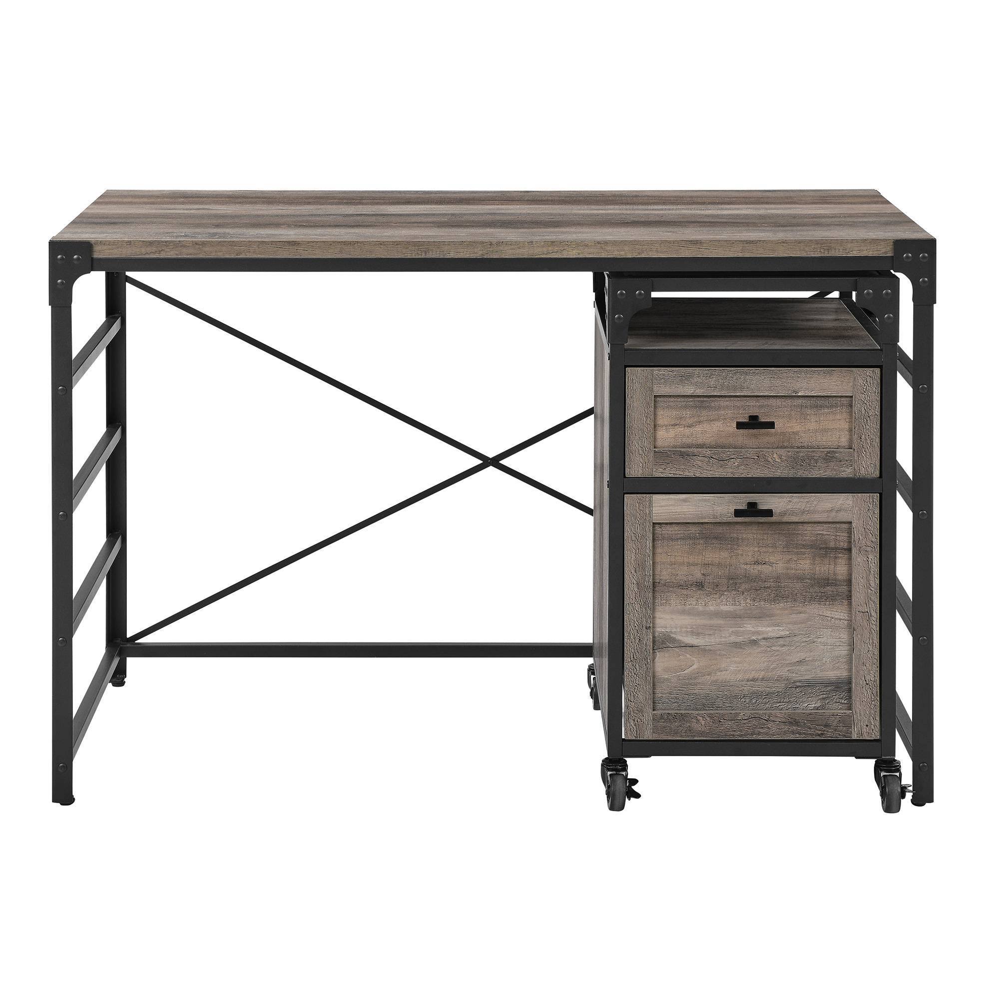 Halverson Angle Iron Writing Desk with 2 Drawer Filing Cabinet Gray Wash - Saracina Home