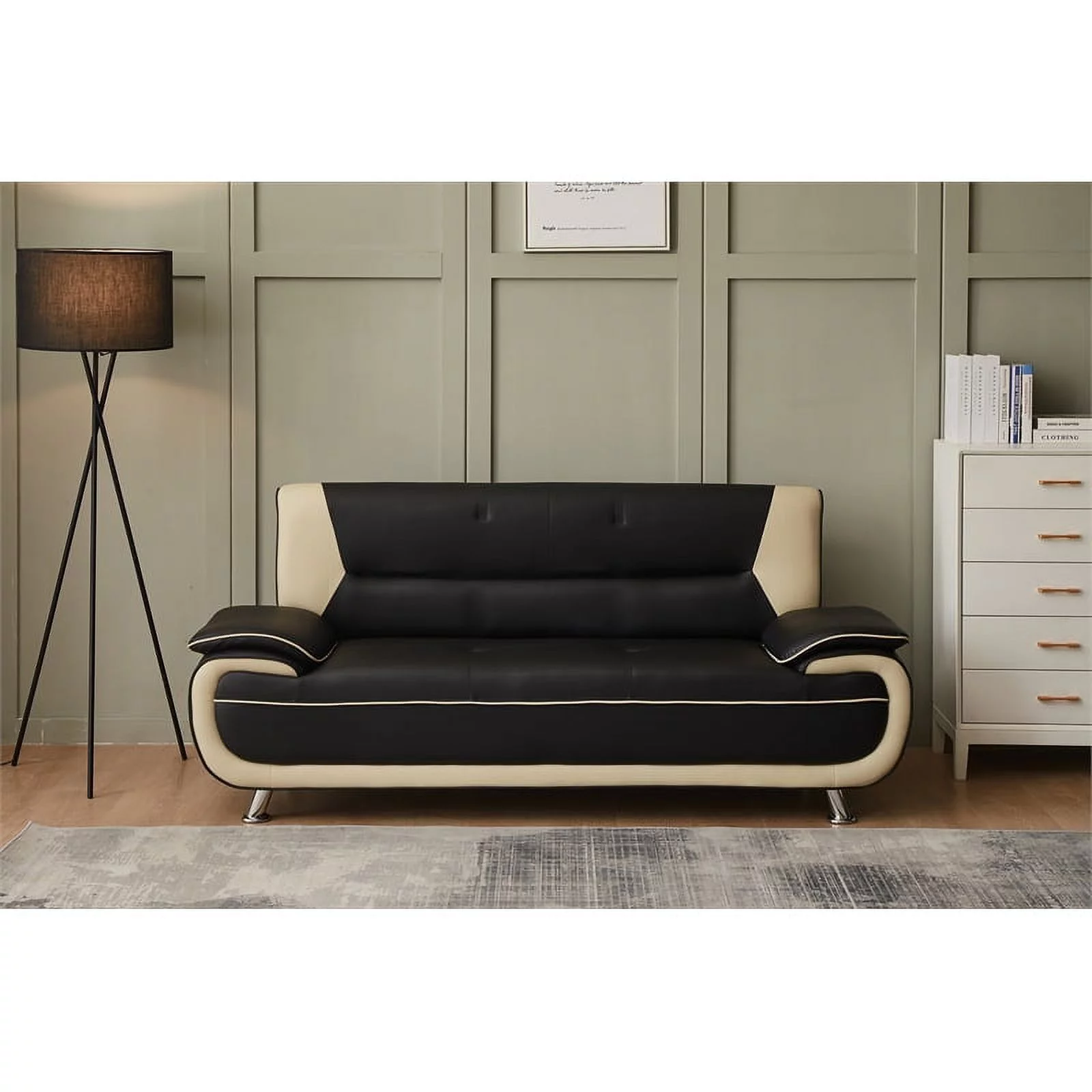 Home Square 2-Piece Set with Faux Leather Sofa and Loveseat in Black & Beige