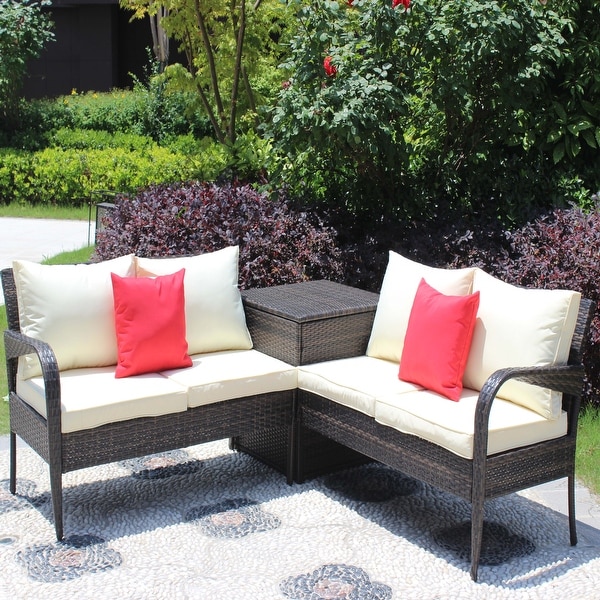 Outdoor Wicker Rattan Patio Set,4 Piece Sectional Loveseat Couch Set Conversation Sofa with Storage Box and NonSlip Cushion