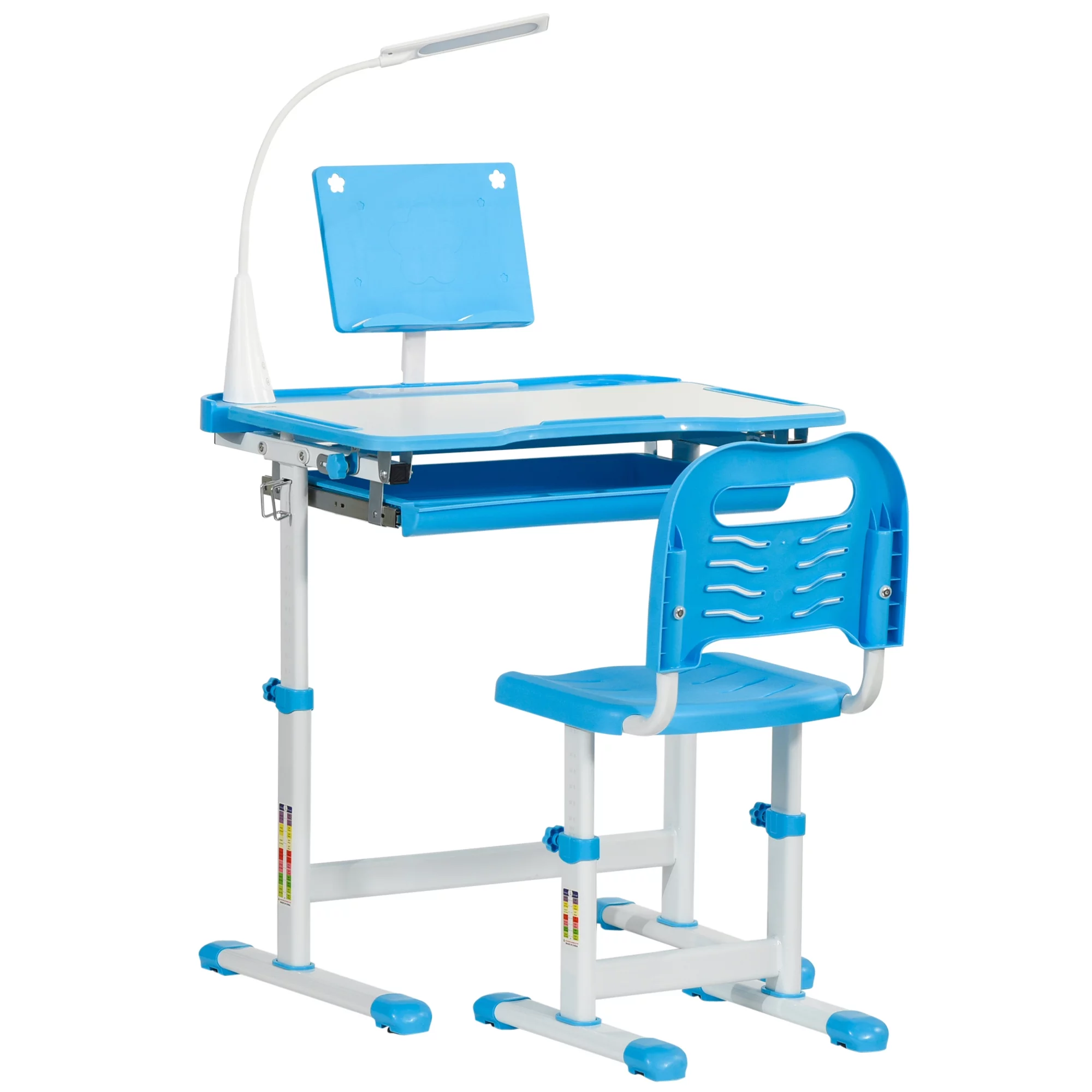 Qaba Kids Table and Chair Set, Activity Desk with USB Lamp, Storage Drawer for Child, Blue and White