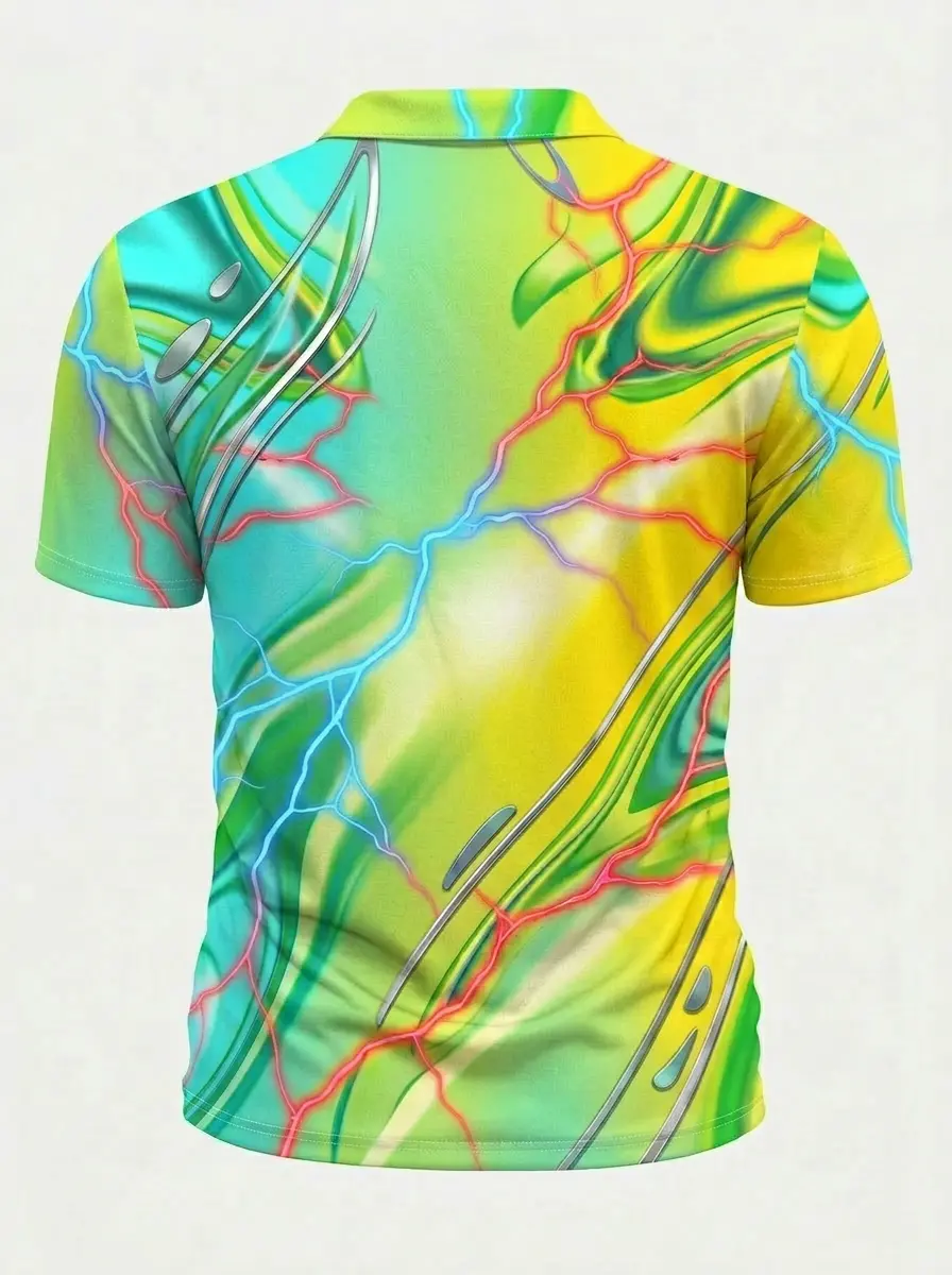 Moisture Wicking Golf Polo 3D Yellow Green Blue Lightning Print Button Short Sleeve Golf Polo Shirt