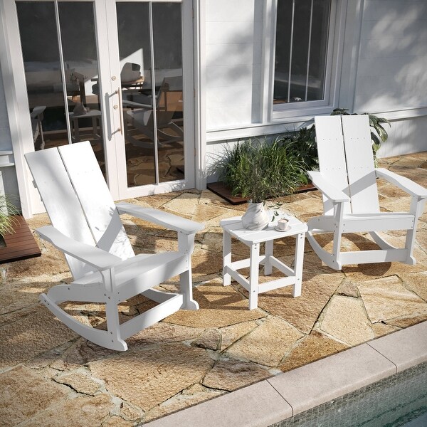 2 Modern Dual Slat Poly Resin Adirondack Rocking Chairs with Side Table