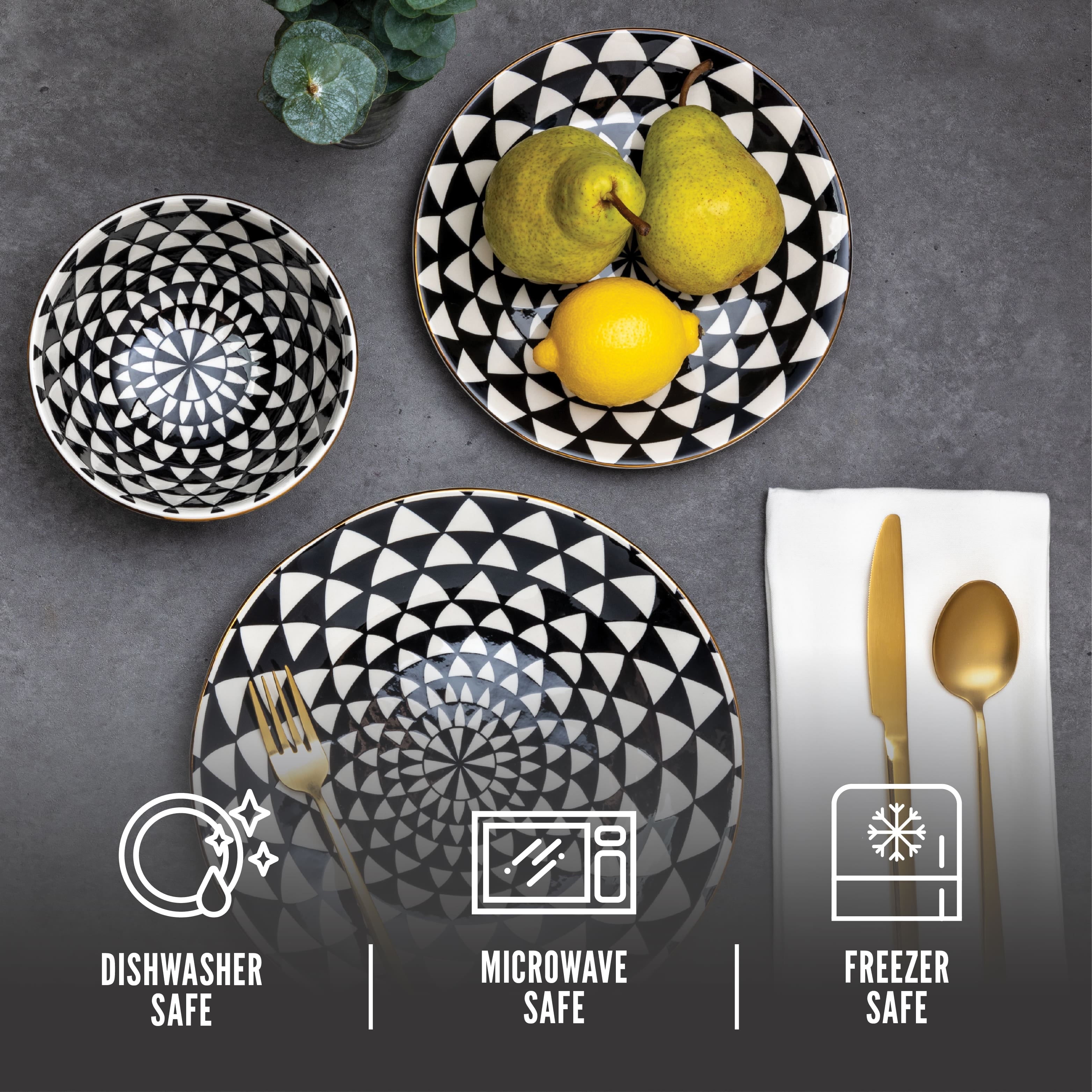 Thyme and Table Dinnerware Black and White Medallion Stoneware, 12 Piece Set