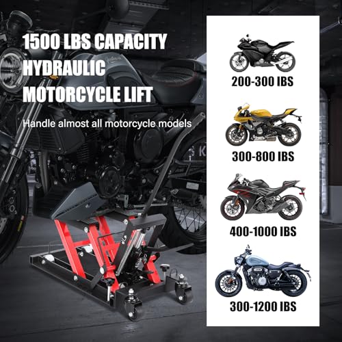 Motorcycle Jack-1500 Lbs Capacity - Heavy Duty Motorcycle Lift with Foot Pedal & 4 Locking Wheels, Portable Hydraulic ATV/UTV Hoist Stand, Stable Lift Table for Harley, Cruiser, Dirt Bike, Powersport