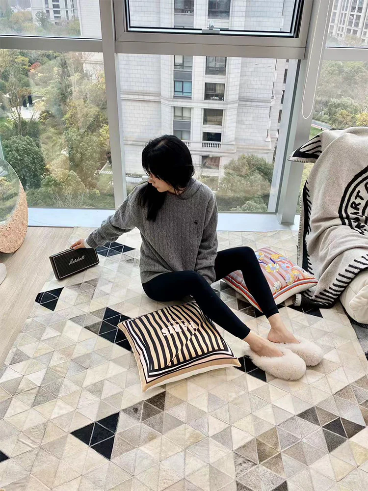 CP020 - Diamonds Gray Diamond Series Real Cowhide Large Villa Model Patchwork Leather Antique Carpet