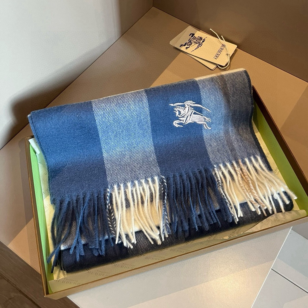 Burberry Cashmere Scarf Geometric Blue For Women 180cm