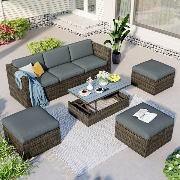 5Piece Patio Wicker Sofa with Adustable Backrest,Cushions,Ottomans and Lift Top Coffee Table