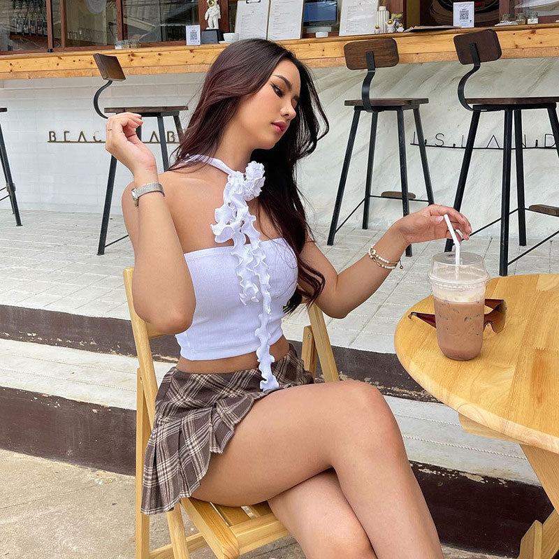 Ribbed Halter Crop Top with 3D Floral DetailClistos