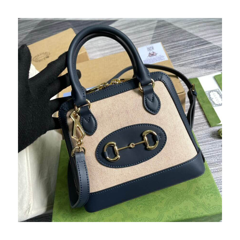 Gucci Horsebit 1955 Mini Top Handle Bag in Beige Canvas
