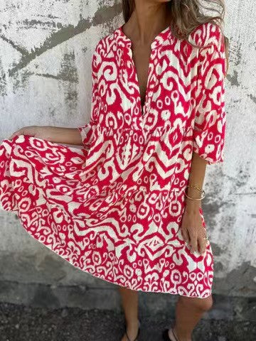Printed A-Line Midi Dress with V-Neck & Short SleevesClistos