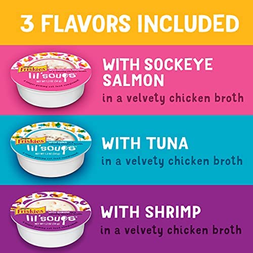 Purina Friskies Grain Free Wet Cat Food Complement Variety Pack, Lil' Soups with Salmon, Tuna or Shrimp - (30) 1.2 oz. Cups