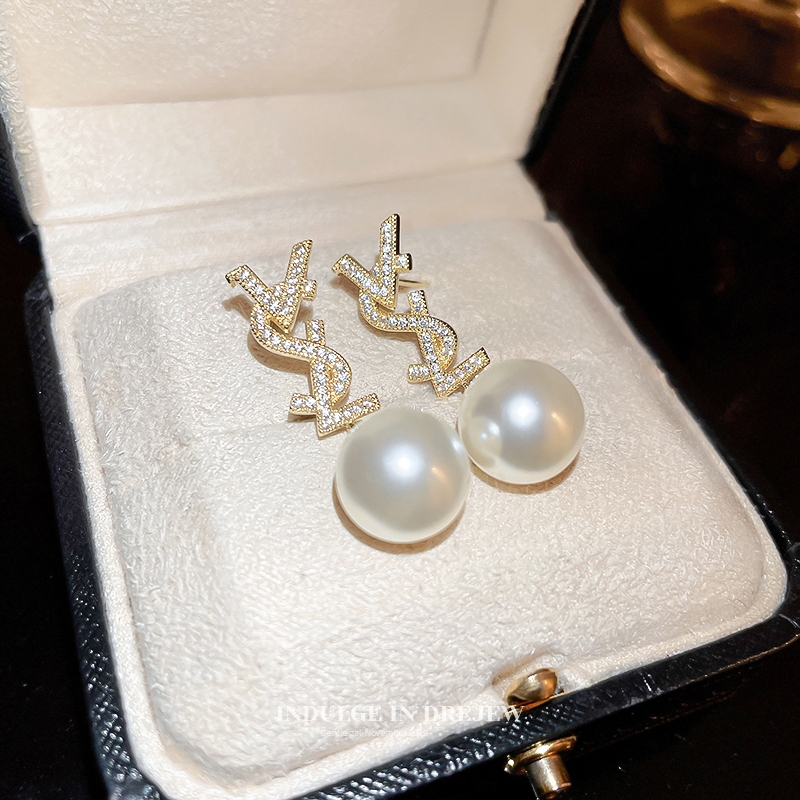 YSL Crystal Diamond Letter Pearl Stud Earrings - cnluxepick
