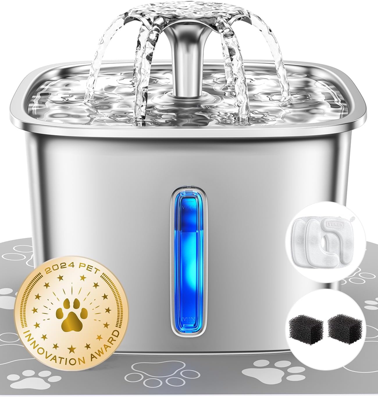 Veken Innovation Award Winner Stainless Steel Cat Water Fountain, 108oz/3.2L Automatic Pet Fountain Dog Water Dispenser with Replacement Filters & Silicone Mat for Cats, Dogs (Tea Green)