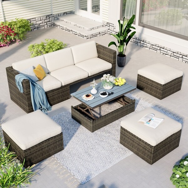 Roomfitters Patio Furniture Set,5Piece Wicker Sofa with Adjustable Backrest,Cushions,Ottomans,LiftTop Coffee Table