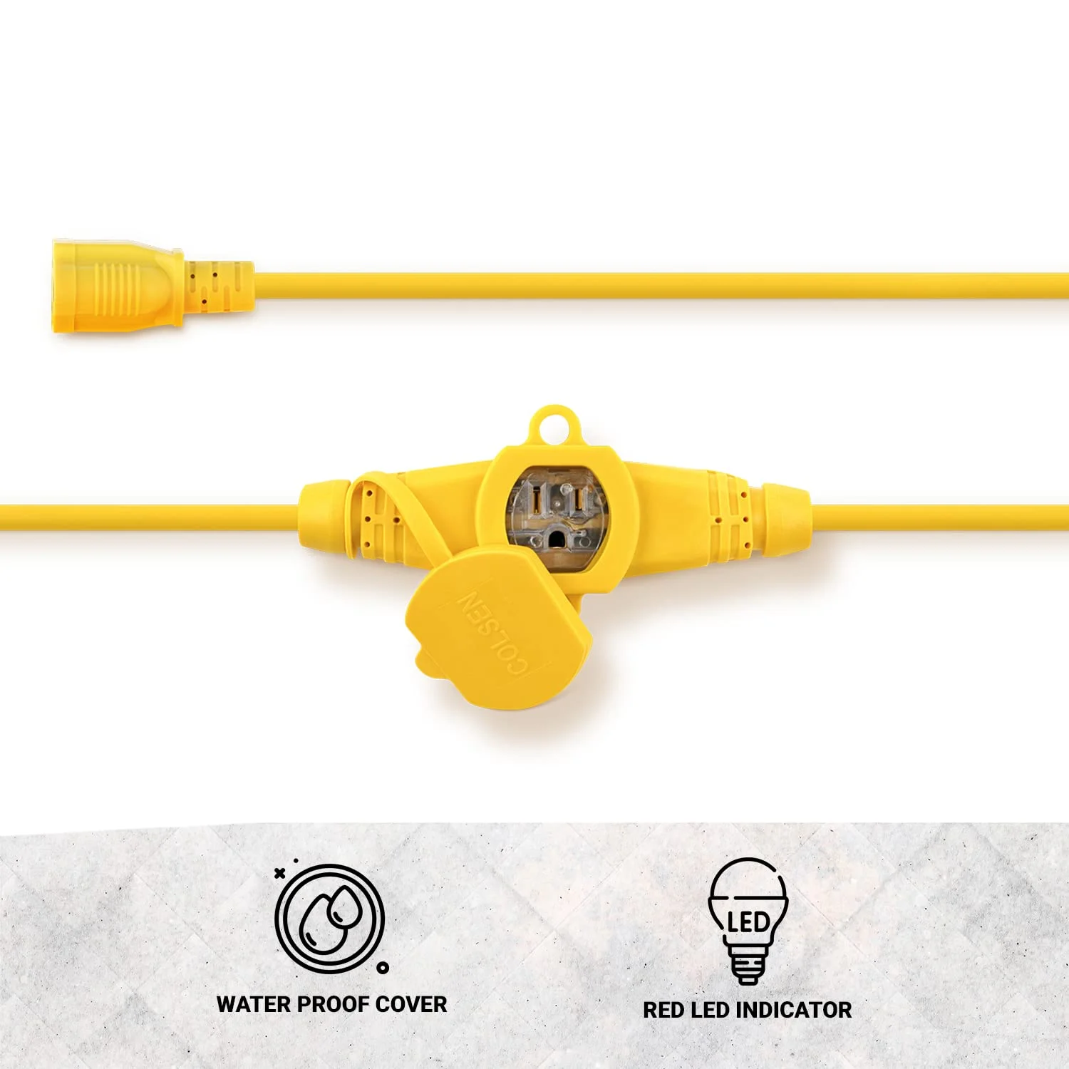 COLSEN 25FT Yellow Power Extension Cord 3 Prong 6 Nema 5-15R Female Socket - Red LED Indicator 16 Gauge SJTW Cable Male to Female Connector Stage Backlines Power Board UL Listed Multiple Plug Outlet