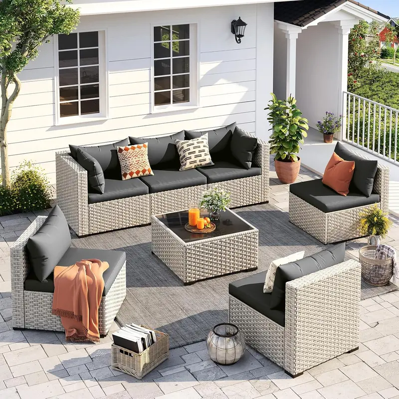UDPATIO 7-Piece PE Wicker Patio Sectional Set – Outdoor Conversation Sofa with Tea Table for Garden, Backyard & Deck (Green)