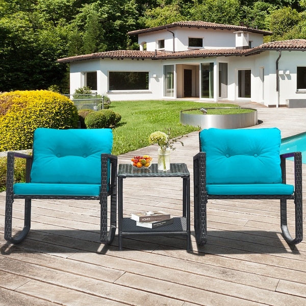 Gymax 3PCS Rattan Rocking Chair Table Set Patio Furniture Set w/ Blue