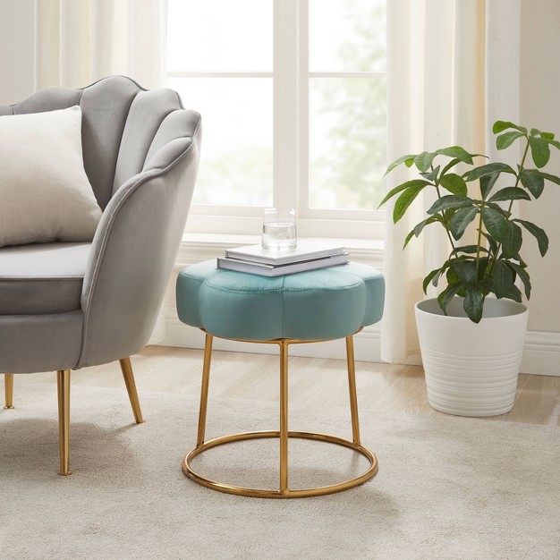 Seraphina Glam Velvet And Metal Flower Accent Vanity Stool Ottoman Teal Linon