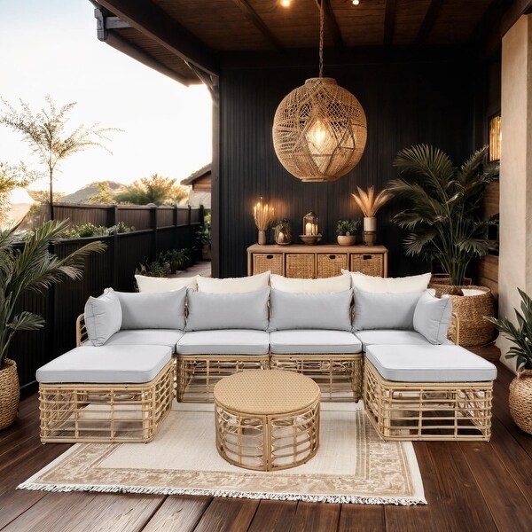 7 Pieces Outdoor Patio Furniture,AllWeather Rattan Sectional Sofa Set With Thick Cushions And Pillows