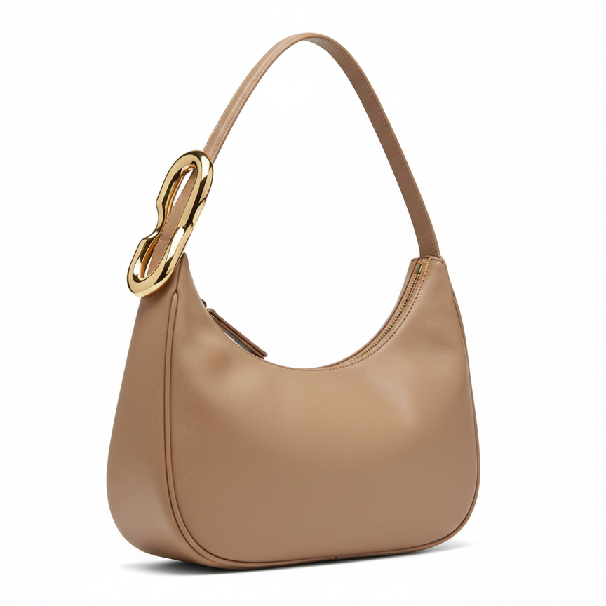 Tan Crescent Hobo Bag with Gold Link Hardware