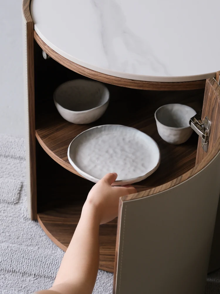 YA024 - H Glacier Grey Italian Saddle Leather Marble Coffee Table Bedside Cabinet: Modern, Simple, Luxurious