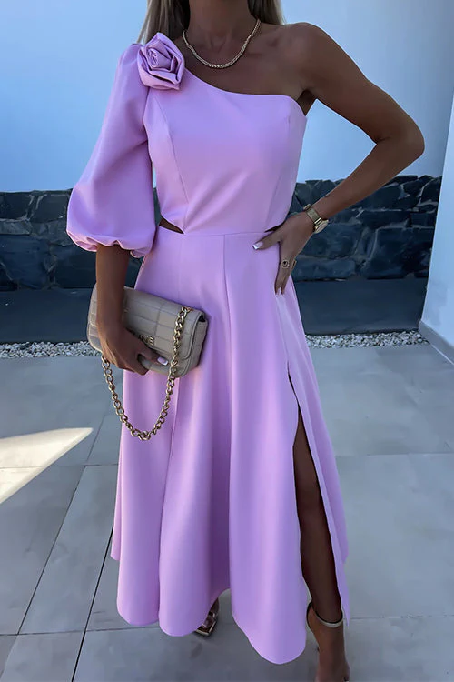 One Shoulder Rose Cutout Midi DressClistos