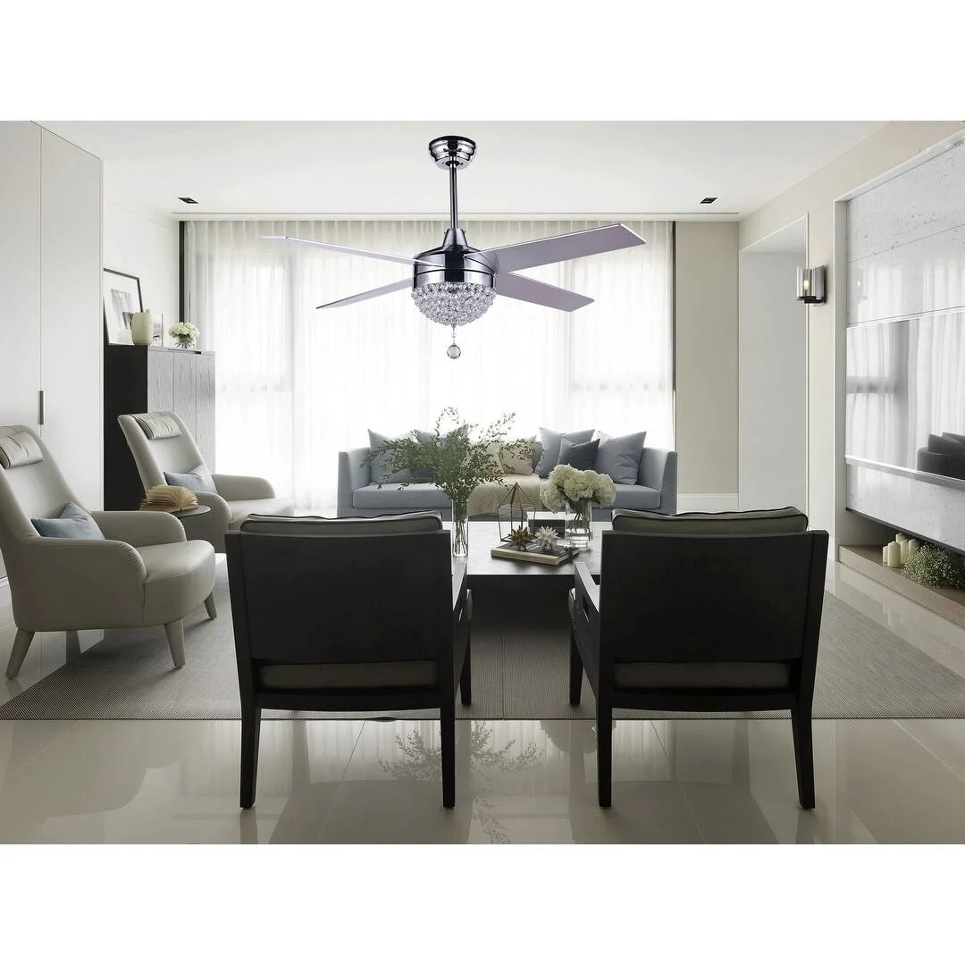 42x22 Modern Crystal Ceiling Fan with LED Light and Remote, Reversible - White