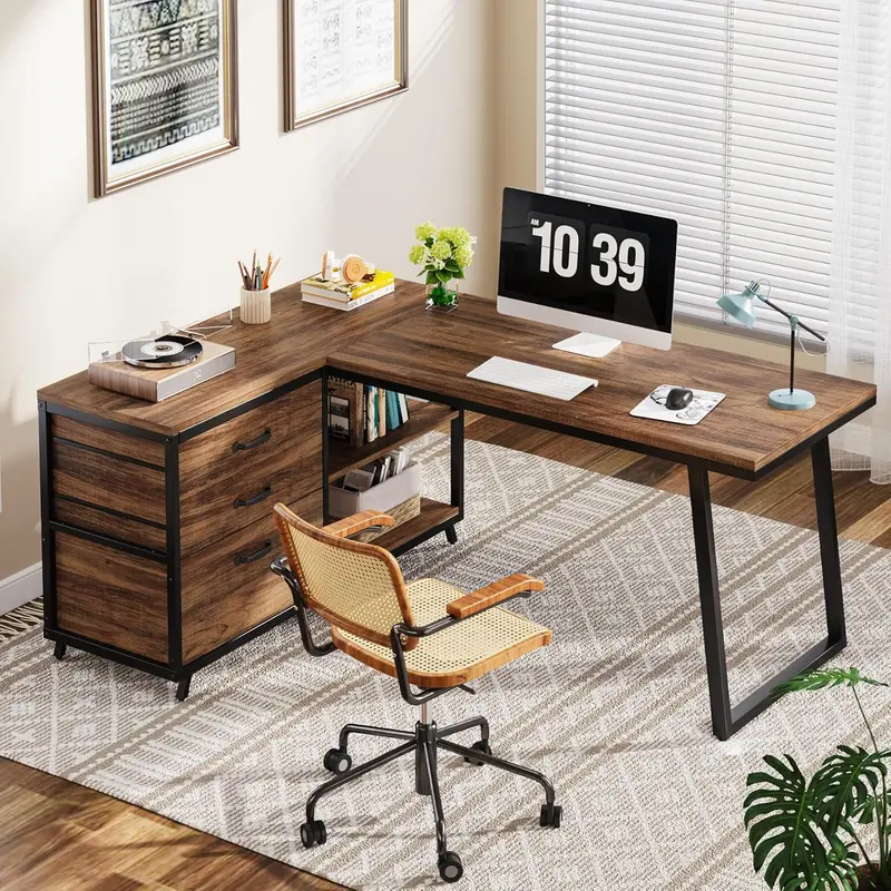 Reversible L-Shaped Computer Desk – Industrial-Style 53-Inch Corner Workstation with 3 Drawers & Shelves (Rustic Brown)