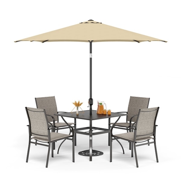 MAISON ARTS 6Piece Patio Dining Set,37 Inch Square Metal Table and 4 Textilene Dining Chairs with 9ft Patio Umbrella