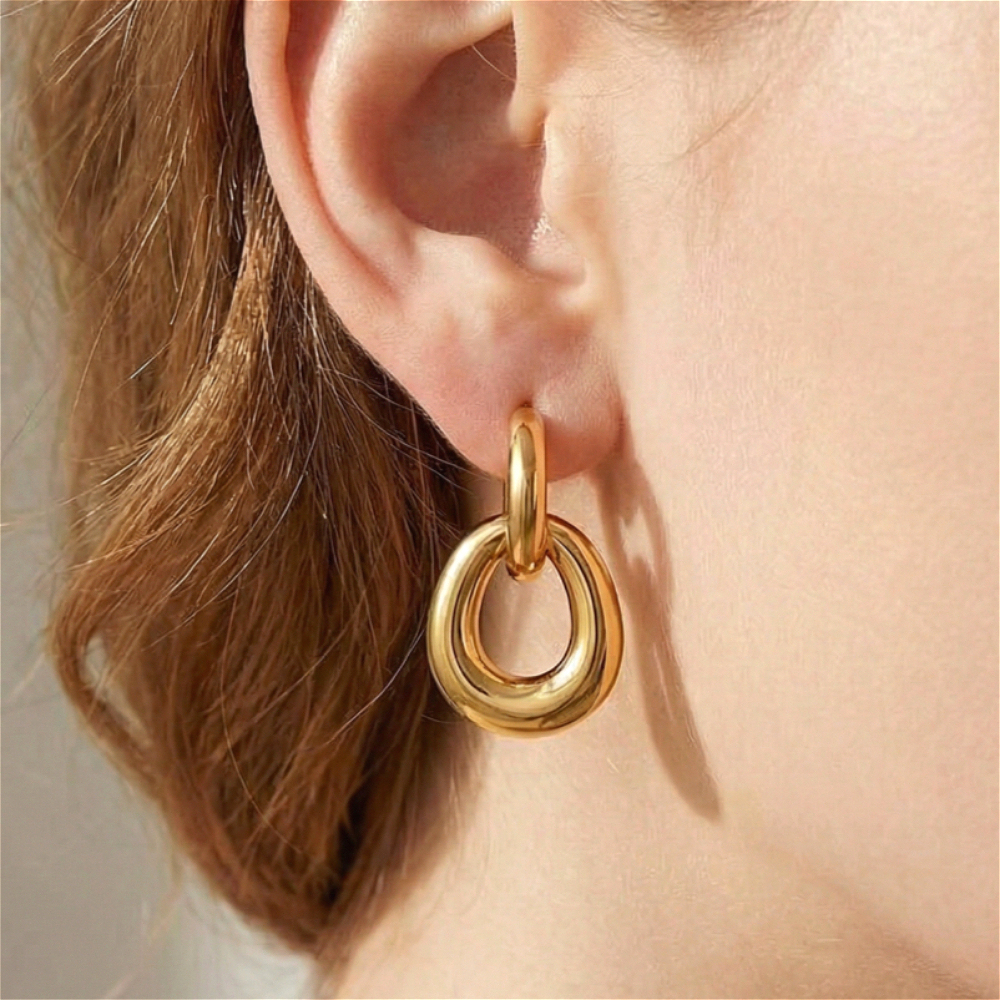 Chunky Gold Plated Stainless Steel Hoop Earrings for Women Puffy Teardrop Dangle Earrings Minimalist Geometric Statement Jewelry