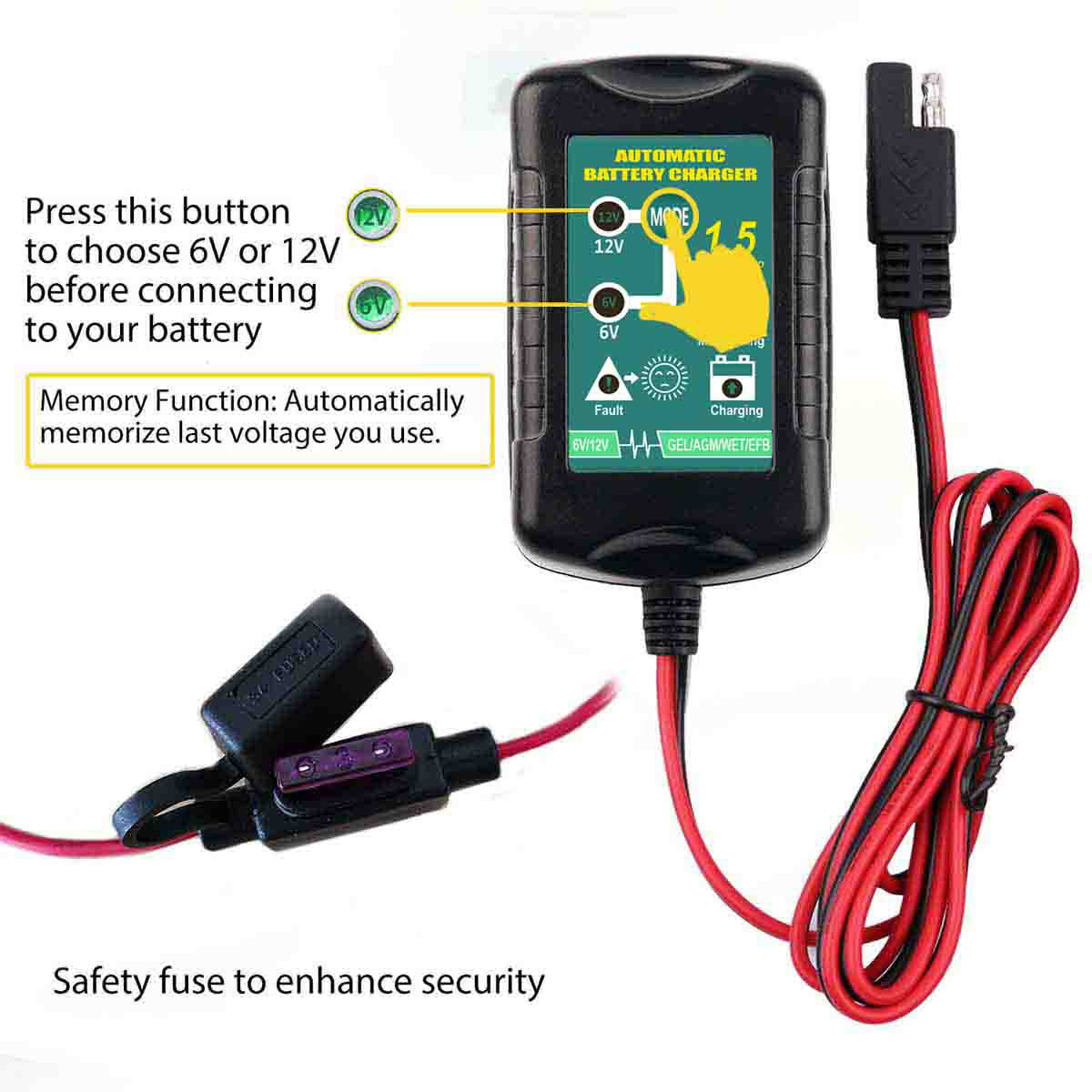 3 Packs Battery Charger Maintainer Trickle 6V 12V 1.5A Car Automatic Motorcycle