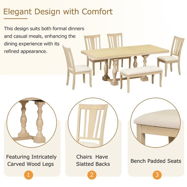 Extendable Dining Table Set with Removable Leaf,Padded Chairs and Bench