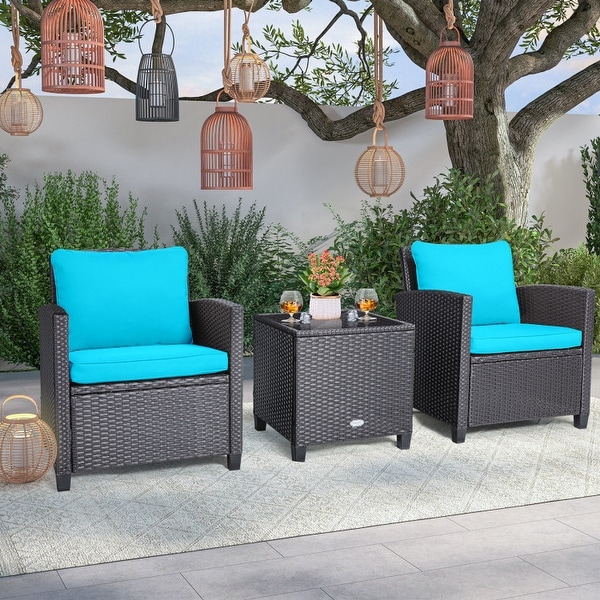 3 Pieces Rattan Patio Furniture Set with Washable Cushion