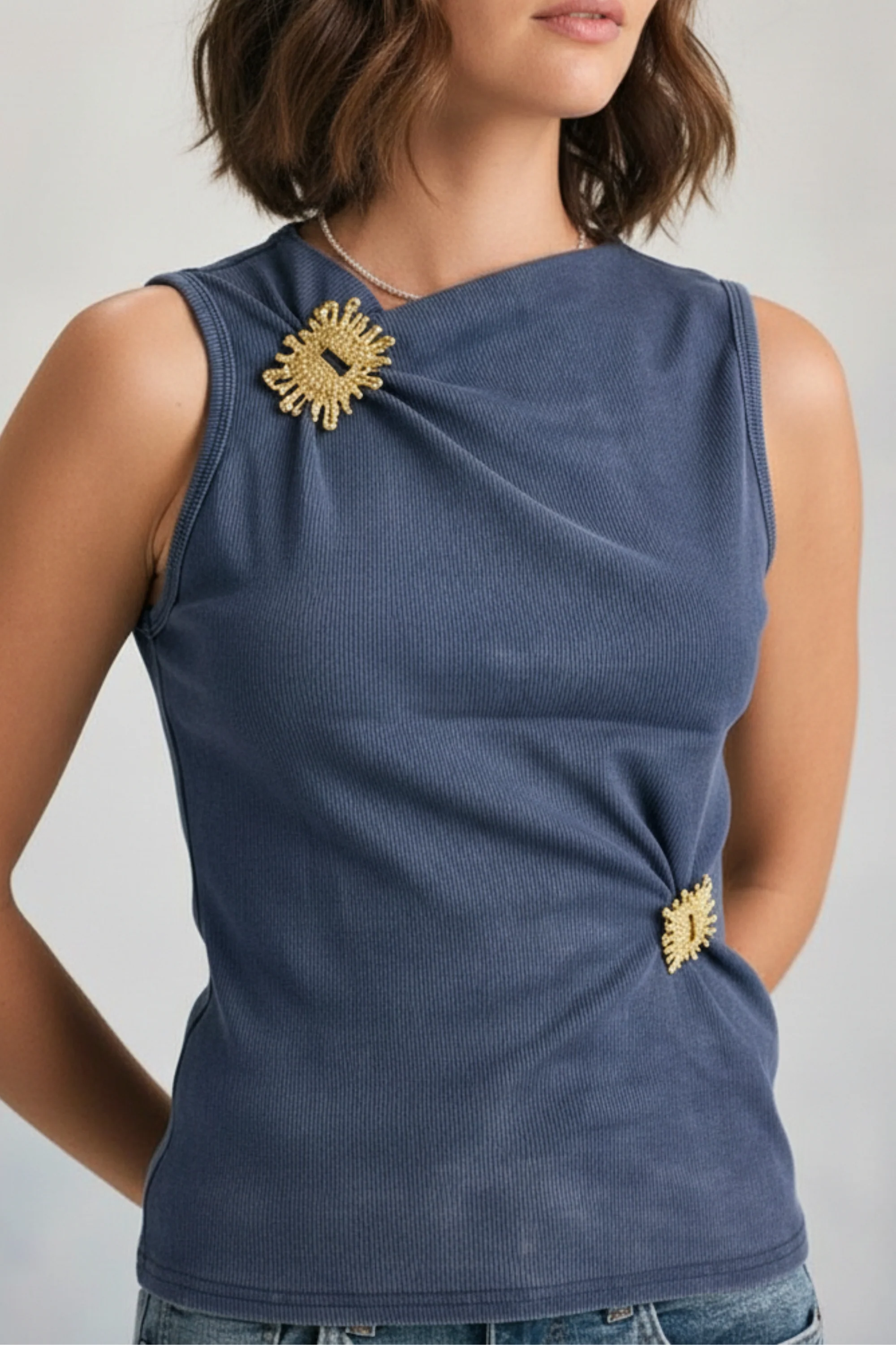 Navy Sleeveless  Top with Gold Accent