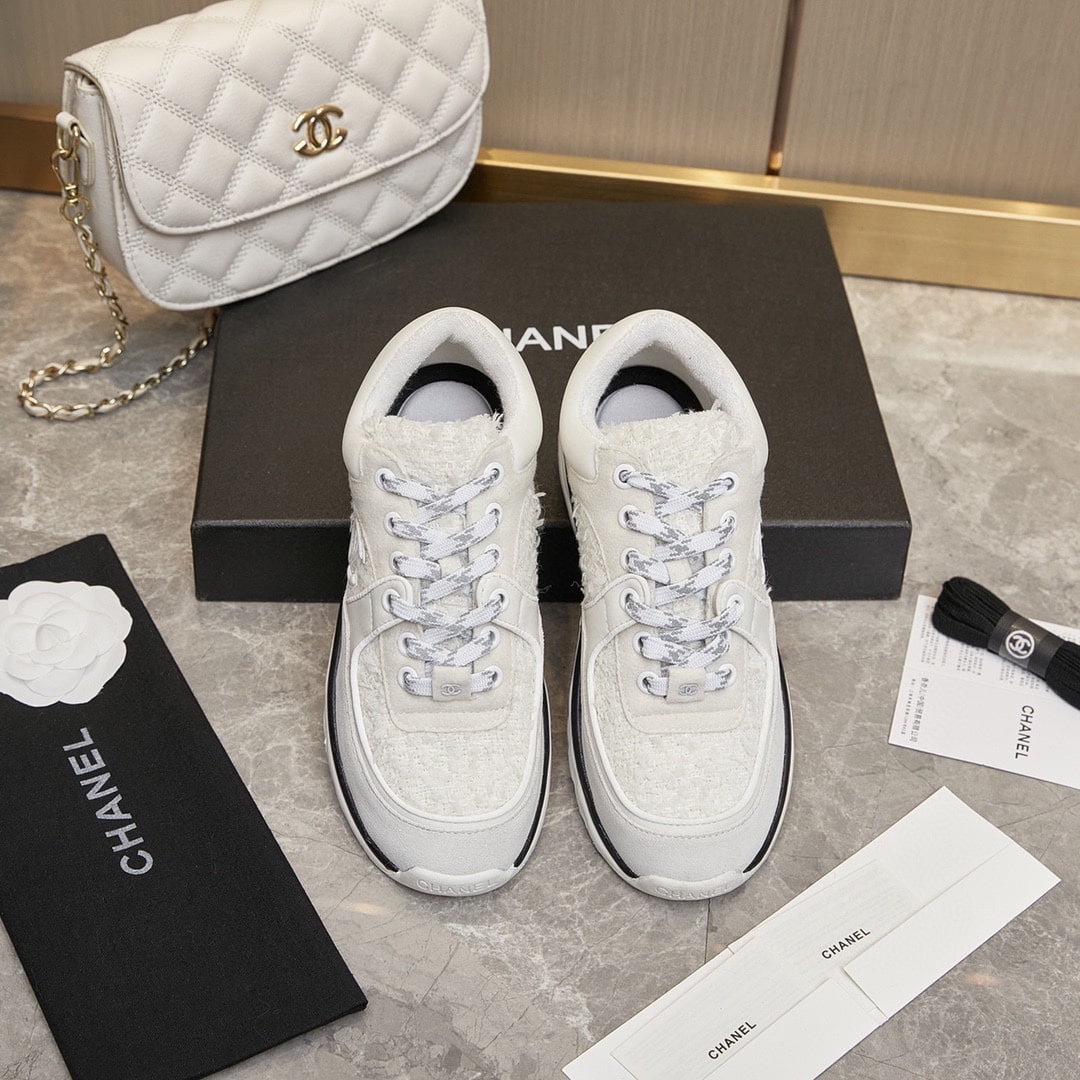 Chanel Velour Tweed Cc Sneakers White