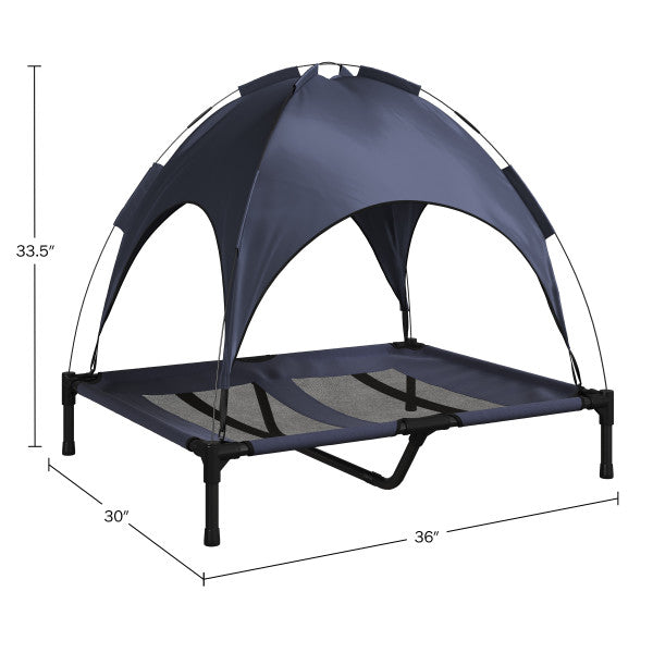 Elevated Dog Bed with Canopy – 36×30-Inch Portable Pet Bed with Non-Slip Feet – Indoor/Outdoor Dog Cot with Carrying Case by PETMAKER (Blue)