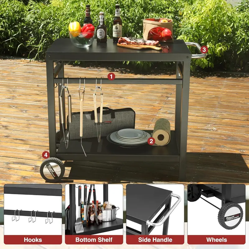 Royal Gourmet Stainless Steel Mobile Grill Cart – Dual-Shelf Flat-Top Dining Trolley
