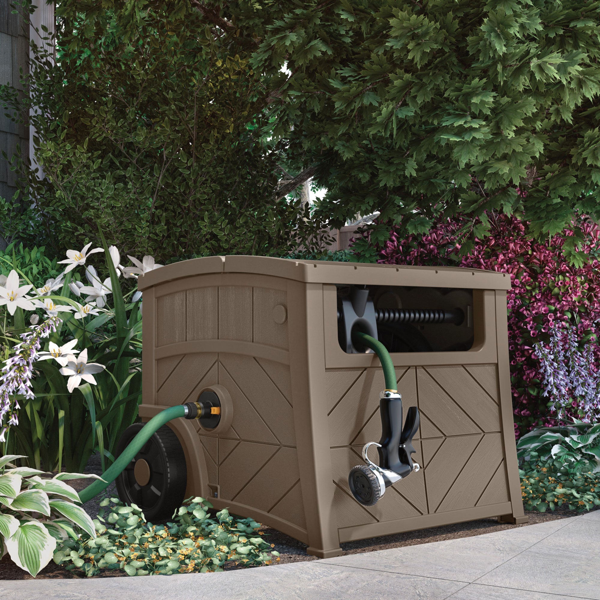 Suncast WST150 Free Standing Hideaway Hose Reel, Taupe, Hose 150′