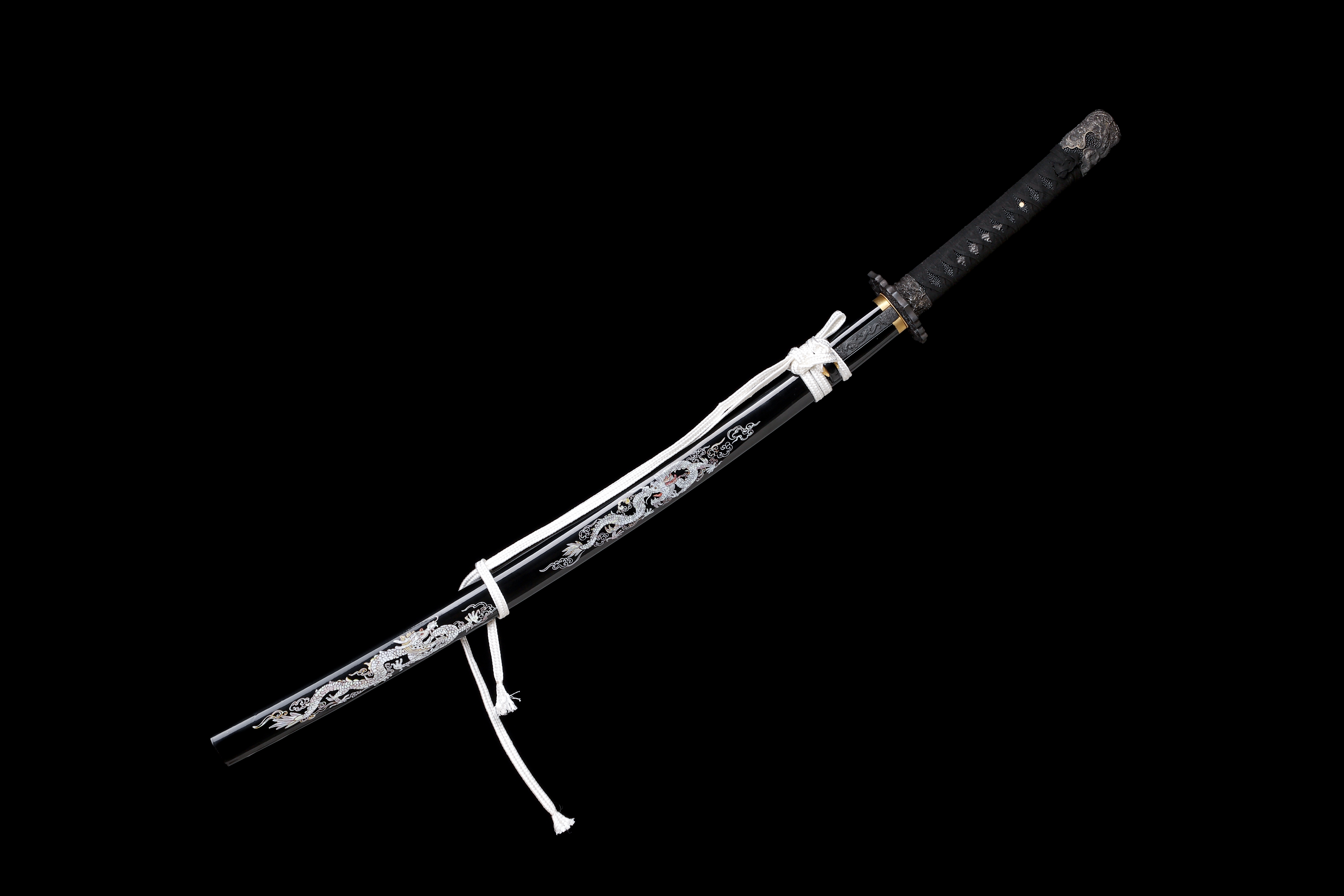 Handmade Katana Damascus Twisted Steel Silver Dragon Kozuka Kogai