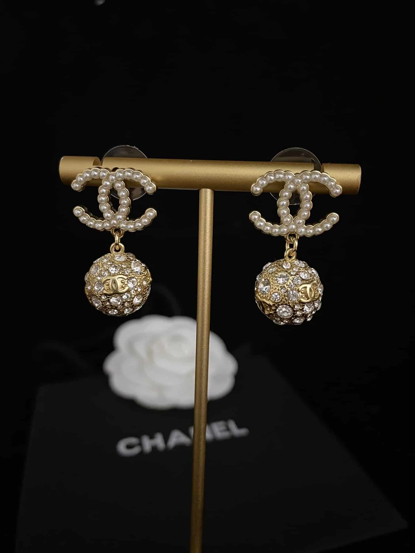 Chanel New Cc Gold Ball Crystal Pearl Drop Earrings