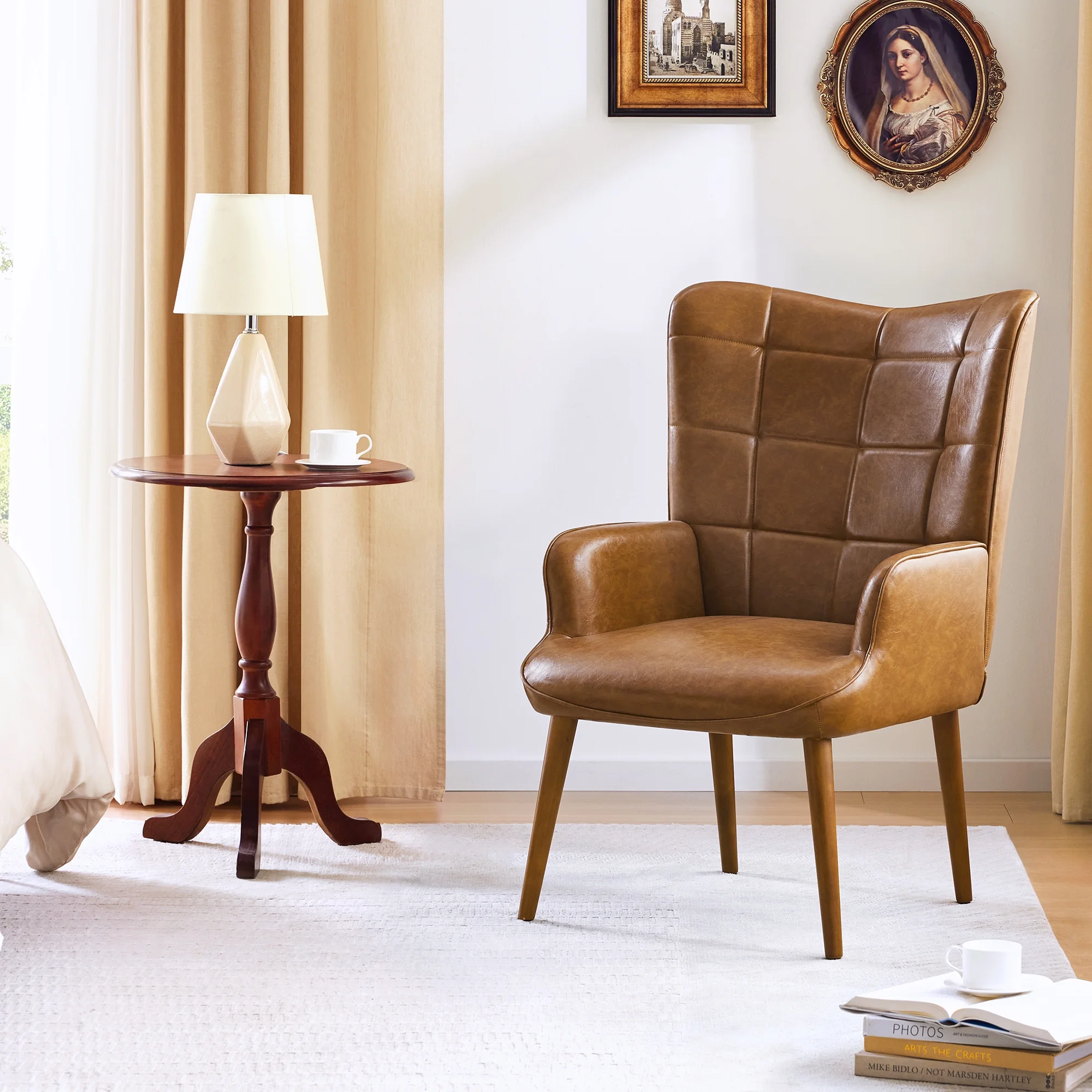 HUIMO Faux Leather Accent Chair, Mid-Century Modern Armchair with Wing Side, Cozy and Soft Padded and High Back for Living Room/Home Office/Bedroom,Brown