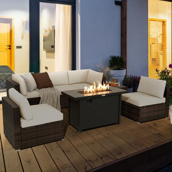Gymax 7PCS Patio Rattan Furniture Set Fire Pit Table Cover Cushion